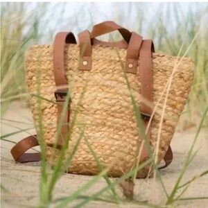 Woven Straw Backpack with Brown Leather Straps